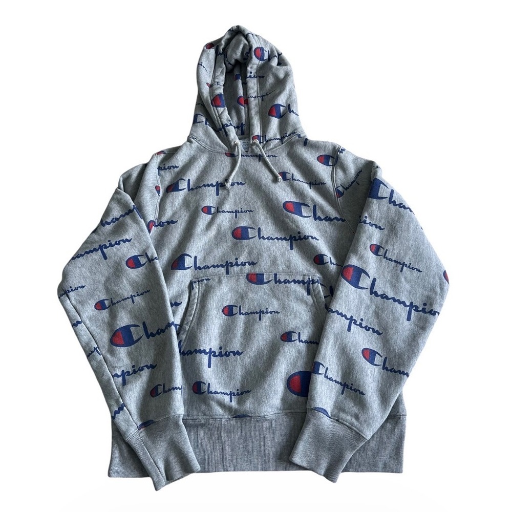 Vintage CHAMPION All Over Print Logo Reverse Weave Pullover Hoodie Grey Small